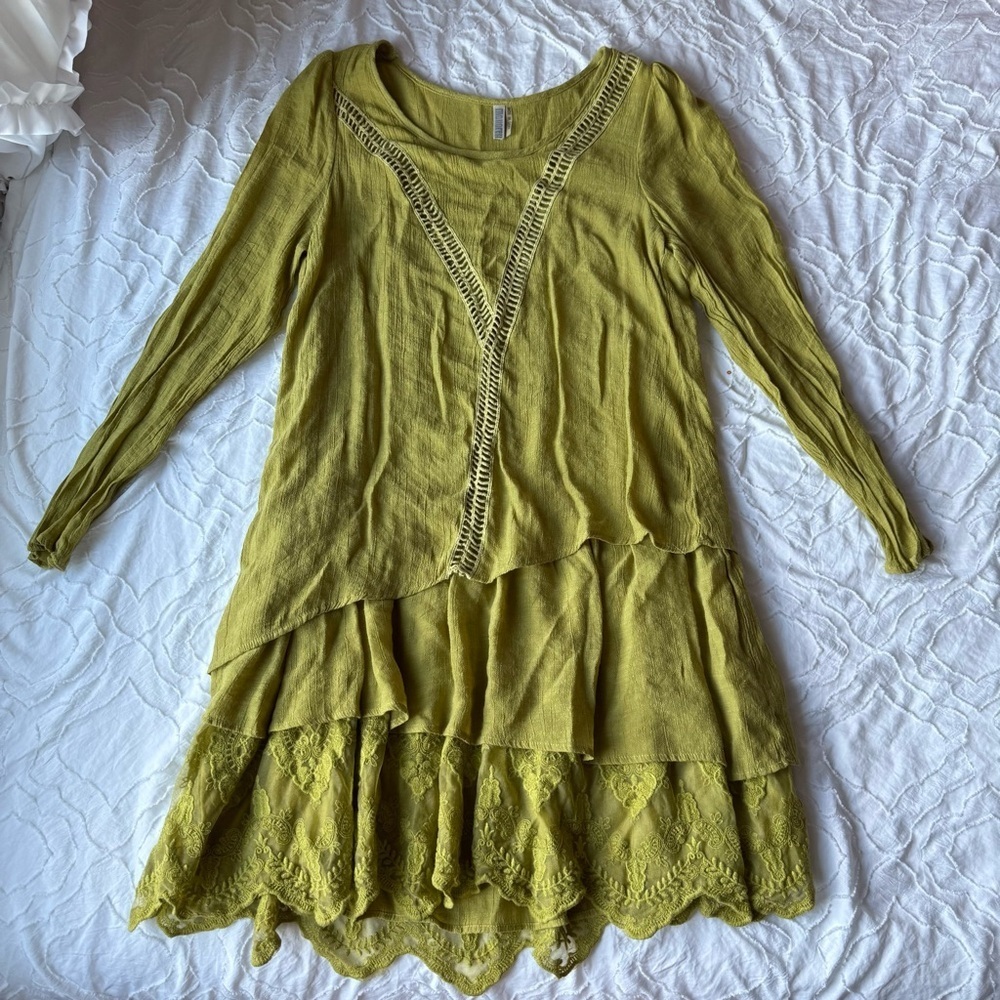Monoreno Olive Green Layered Ruffle Lace Crochet Long Sleeve Blouse Asymmetrical